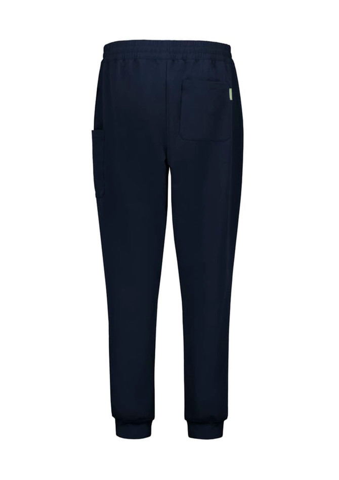 Navy jogger scrub pants with an elastic waistband and pockets, featuring a branded logo.