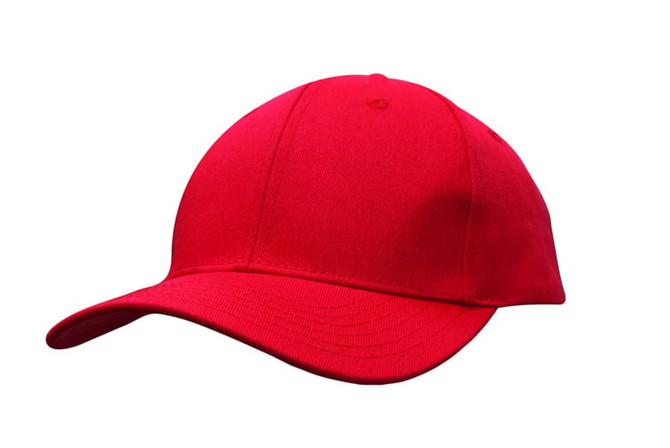 A red cotton twill cap with a curved brim and a blank front panel, featuring a logo on one side.
