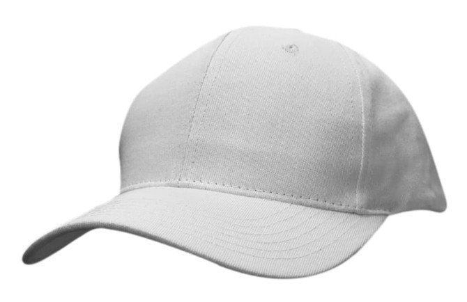 A white cotton twill cap with a curved brim, featuring a logo on the front.