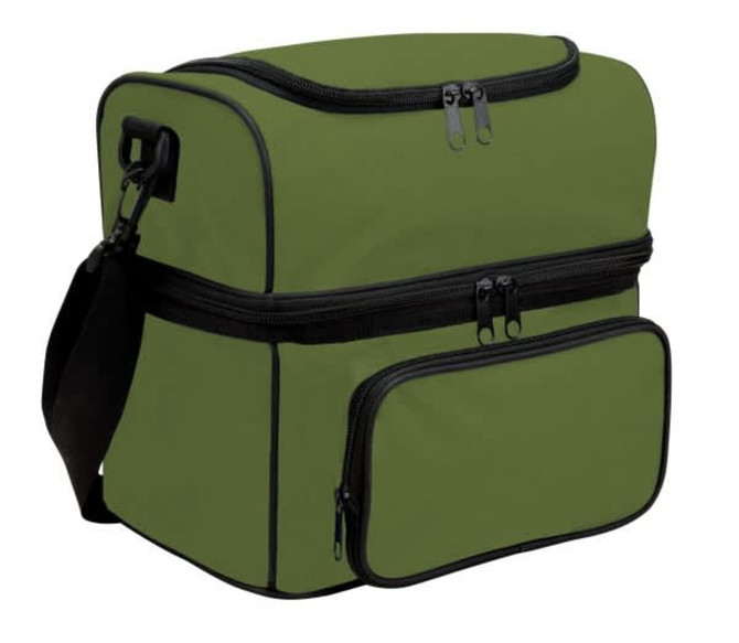 A green insulated bag with black zippers and a shoulder strap, featuring a main compartment and a front pocket.