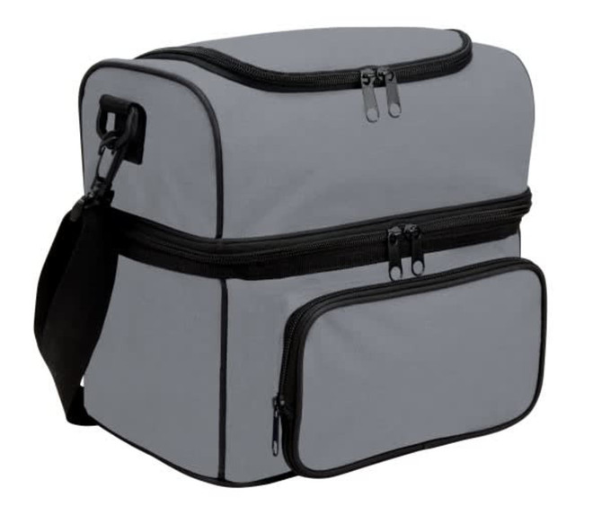 A grey insulated bag with multiple compartments, featuring a zippered main section and a front pocket, along with a strap.