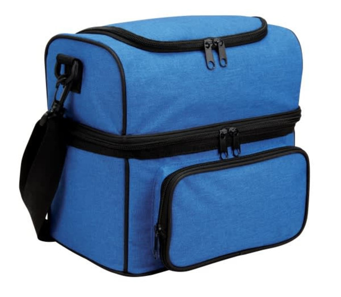 A blue insulated bag with black zippers, featuring a spacious main compartment and a front zip pocket.