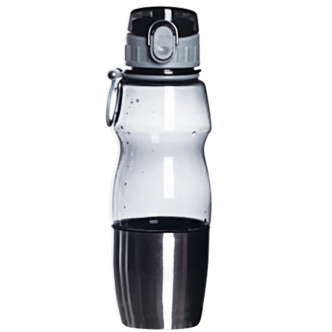 A drink bottle featuring a clear body, grey lid, and a sleek stainless steel base with a carabiner attachment.