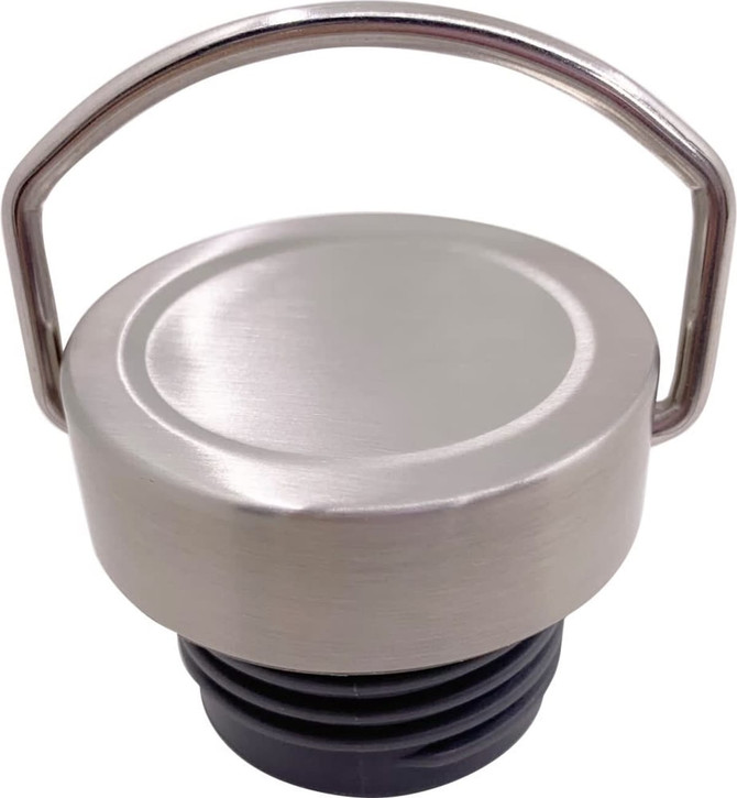 A metal drink bottle cap with a stainless steel finish and a handle, featuring a black silicone seal.