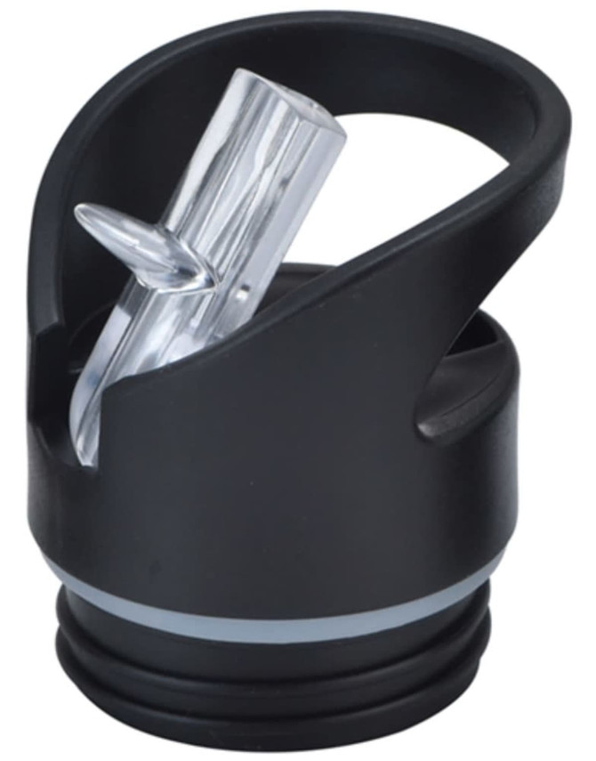 A drink bottle lid in black with a chrome spout, featuring a grip handle and a rubber seal.