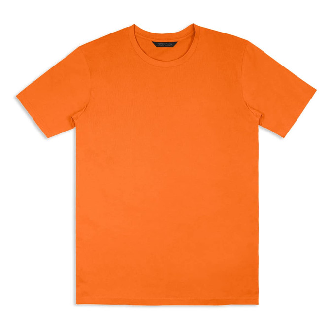 An orange unisex T-shirt with a simple design and short sleeves, featuring a branding logo.