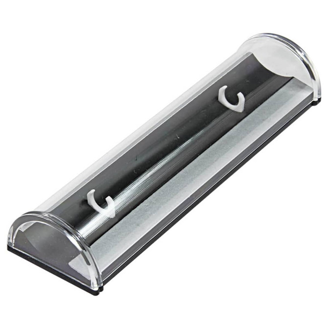 A transparent pen box with a curved top and two hooks for holding pens, featuring a black base.
