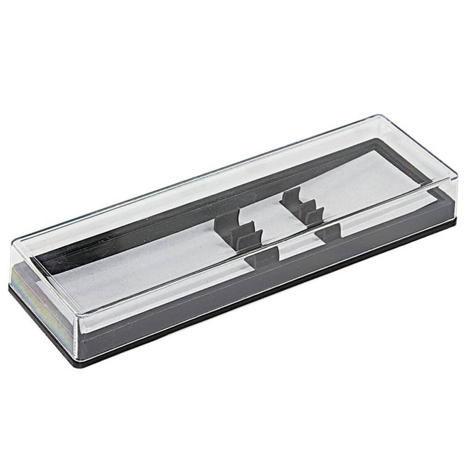 A sleek black pen box with a transparent lid, designed for packaging pens, featuring two compartments inside.