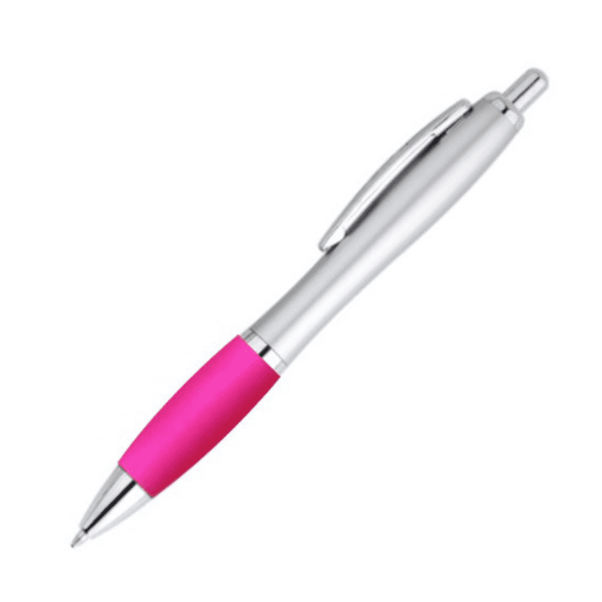 A pink and silver plastic pen with a smooth finish and a clip. The pen features a bright pink grip section.