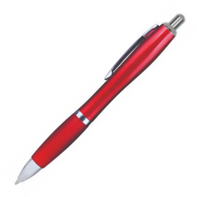 A red plastic pen with a shiny finish and a silver clip, featuring a smooth writing tip.