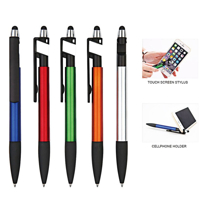 A collection of stylus pens in blue, red, orange, silver, and black, featuring a clip and a touch screen tip.