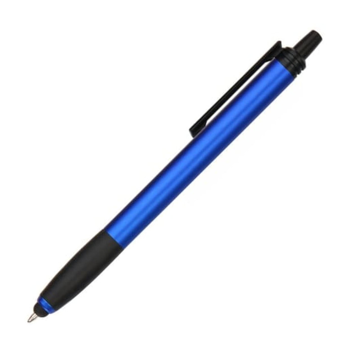A blue stylus pen with a black grip and clip, featuring a sleek, metallic design.