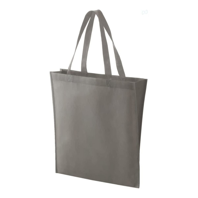 A grey non-woven tote bag with two sturdy handles and a simple design. It features a logo on one side.