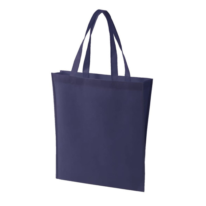 A navy blue non-woven tote bag with two handles and a simple design, featuring a logo.