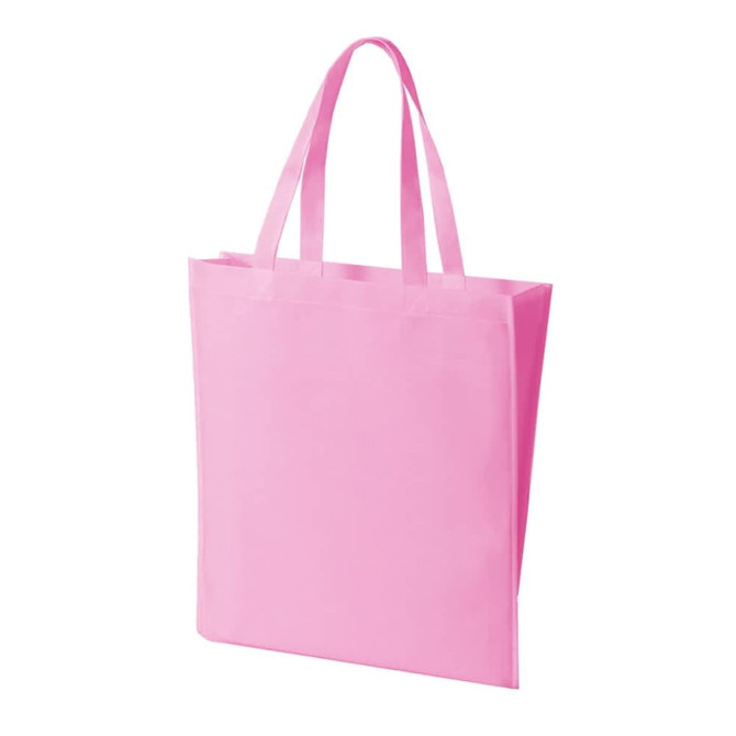A pink non-woven tote bag with two handles and a simple design, featuring a logo on one side.