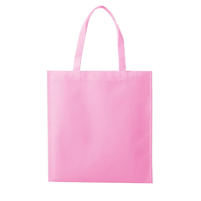 A pink non-woven tote bag with two handles and a plain design. It features a logo on one side.