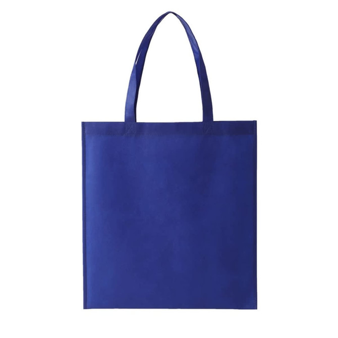 A blue non-woven tote bag with two handles and a simple design. It features a logo on one side.