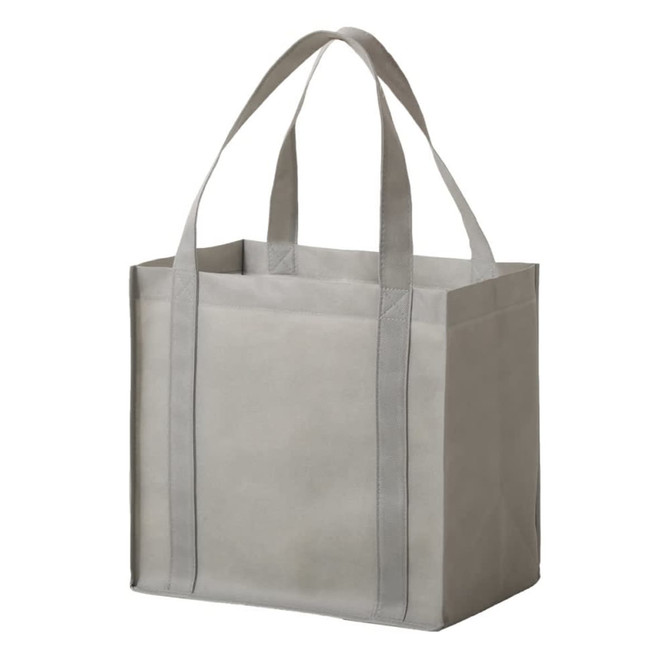 A grey non-woven tote bag with sturdy handles and a simple design, featuring logo branding.