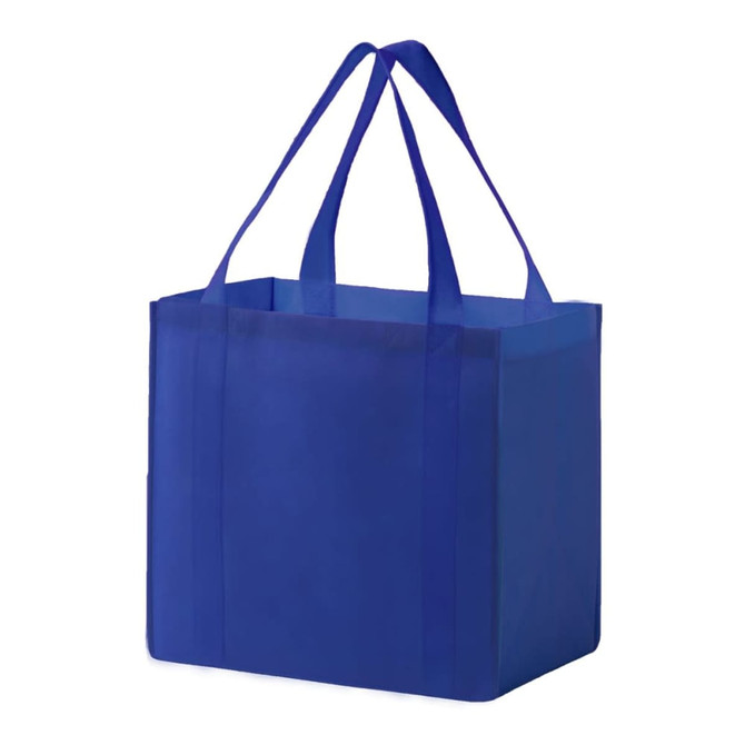 A blue non-woven tote bag with two sturdy handles and a simple design. It has a logo on one side.