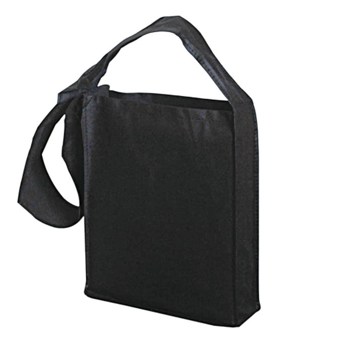 A black tote bag with a long shoulder strap, featuring a simple and sleek design.