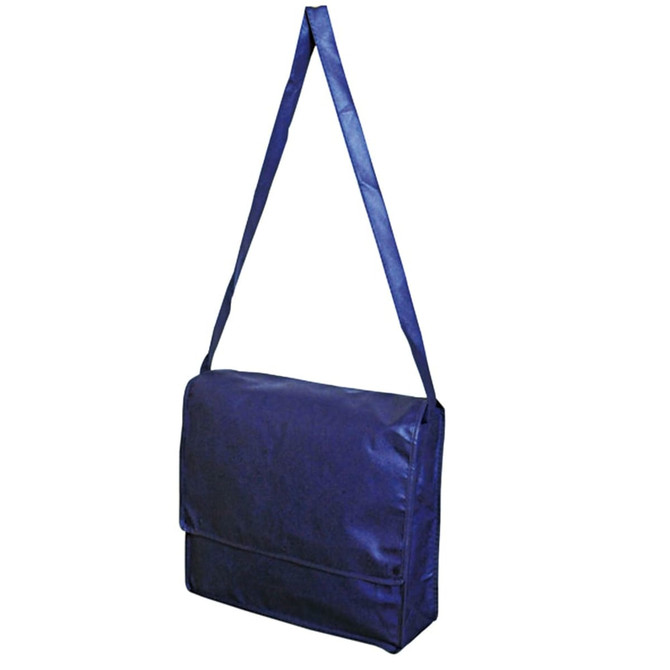 A navy blue messenger bag with a long adjustable strap and a flap closure. It has a smooth, shiny texture.