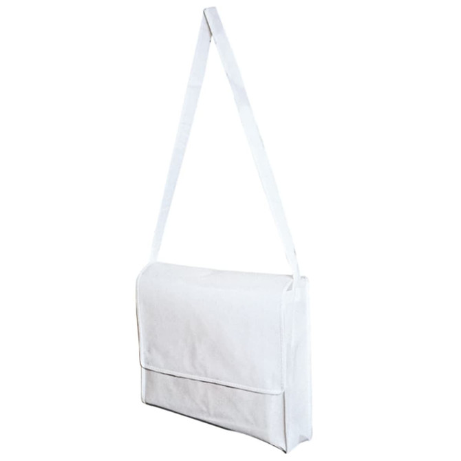 A white messenger bag with a long adjustable strap and a front flap closure. Features a simple design.