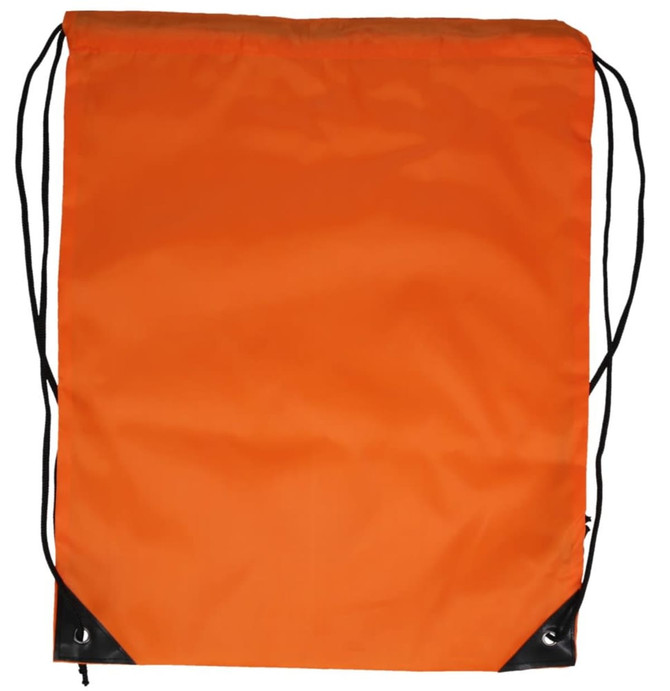 An orange drawstring backpack with black reinforced corners and adjustable straps.