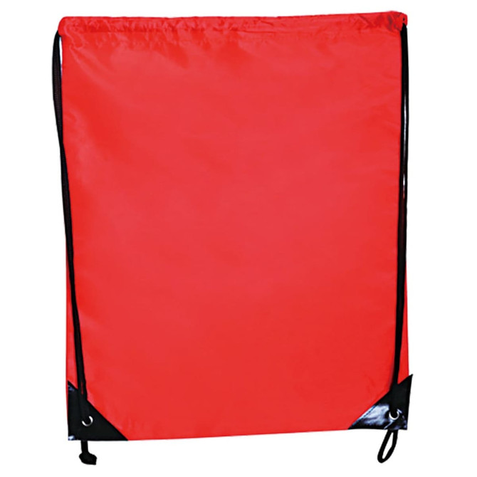 A red drawstring backpack featuring black accents and a logo. Suitable for carrying various items.