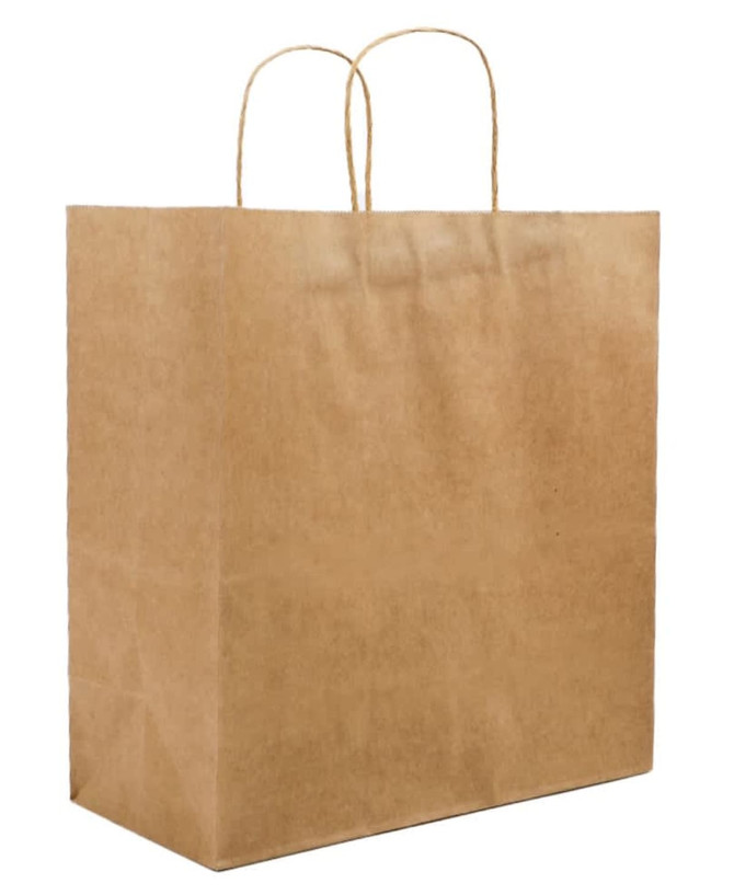 A brown paper bag with two handles, featuring a plain surface and a rectangular shape.