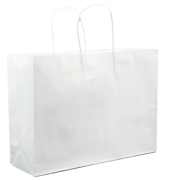 A large white paper shopping bag with two handles, designed for carrying items.