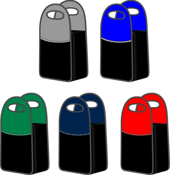 A set of six Giraffe cooler bags in grey, blue, green, navy, black, and red, featuring a logo on each bag.