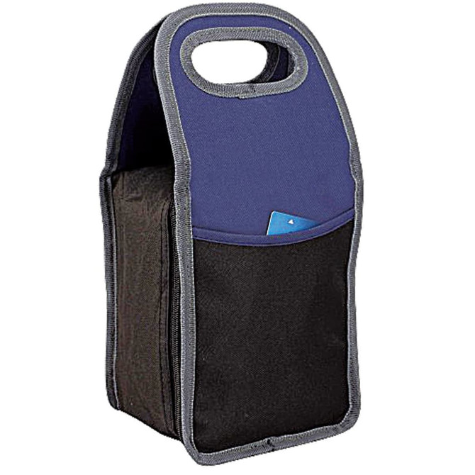 A navy and black cooler bag with a handle and a front pocket, featuring a logo.