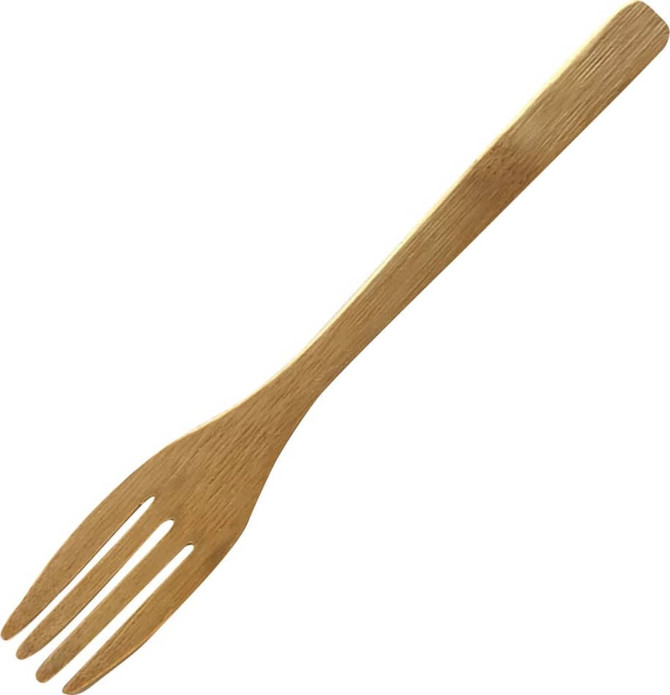 A bamboo mini harpoon fork with a sleek, natural finish. It features four prongs and has a simple design.