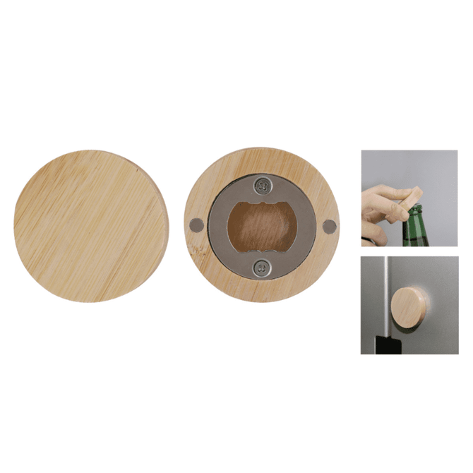 A bamboo bottle opener with a circular design, featuring a metal opening mechanism and a magnetic back.