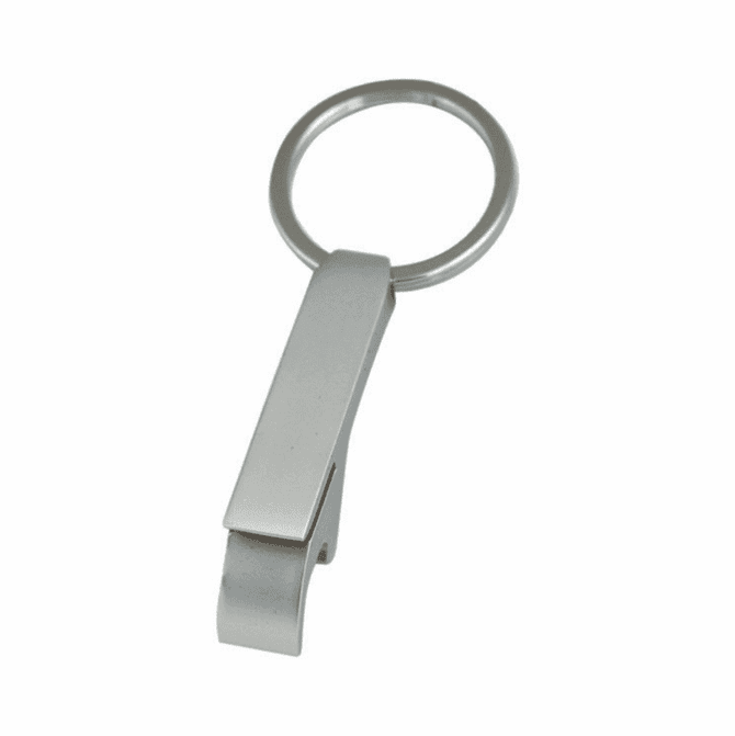 A drink bottle opener keyring in silver with a circular keyring attachment and a sleek design. It features a logo.