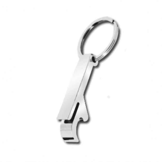 A drink bottle opener keyring in a sleek silver design with a circular attachment for keys.