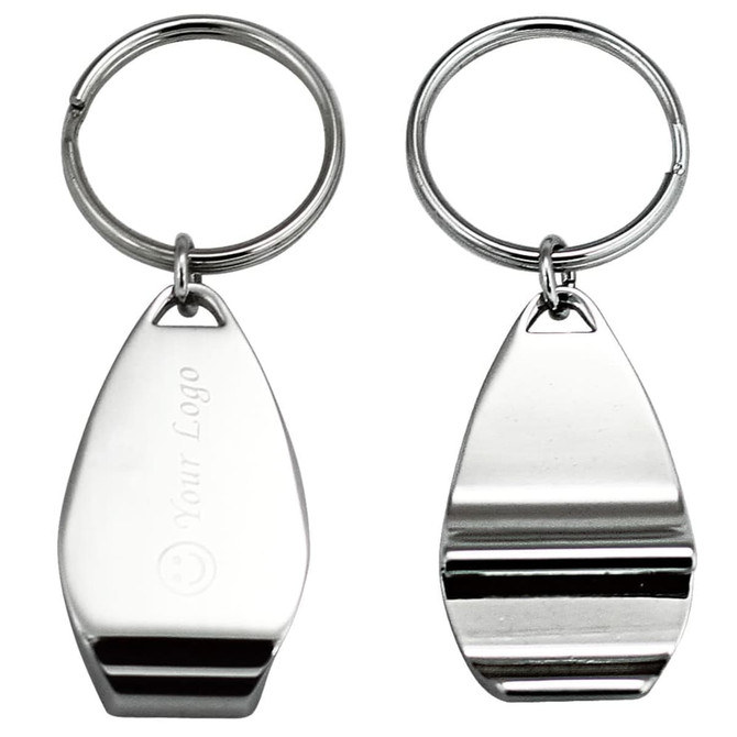 A keyring set featuring two sleek, silver metallic keychains with a logo on one side.