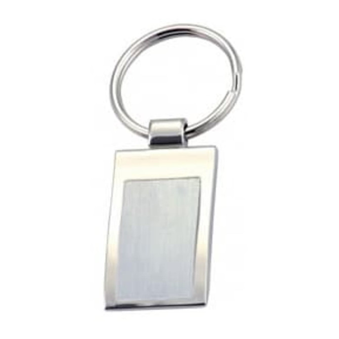 A keyring featuring a sleek, rectangular metallic design with a shiny finish. It includes a circular attachment for keys. A keyring featuring a sleek, rectangular metallic design with a shiny finish. It includes a circular attachment for keys.