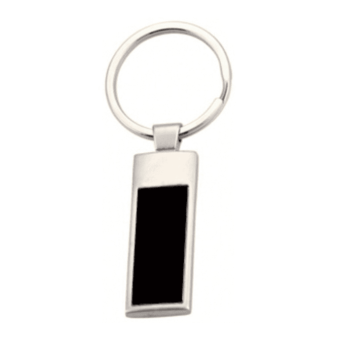 A silver keychain featuring a rectangular pendant with a black section. It has a circular metal ring.