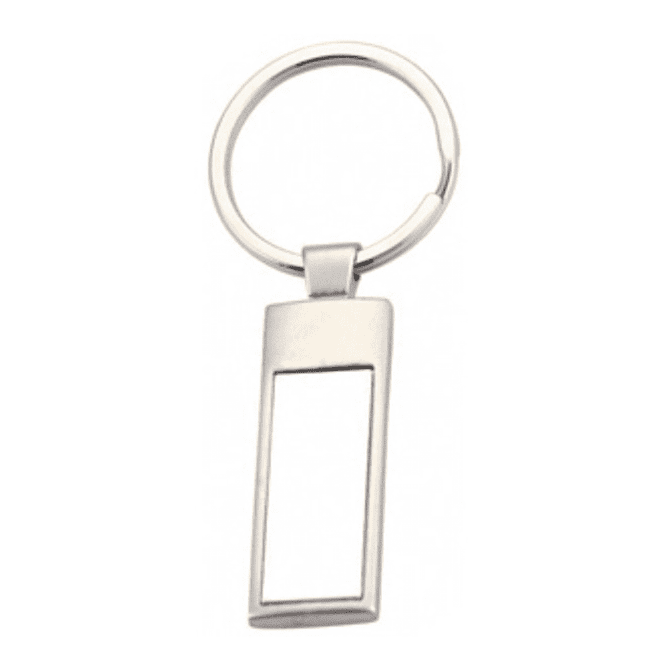 A keyring with a sleek silver rectangular pendant and a circular attachment.