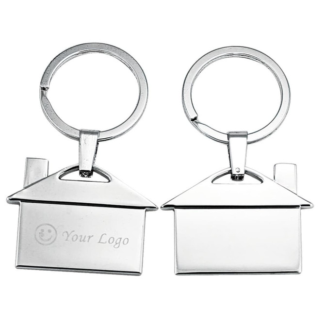 A silver keychain shaped like a house, featuring a blank side for engraving and a branded logo on the other side.