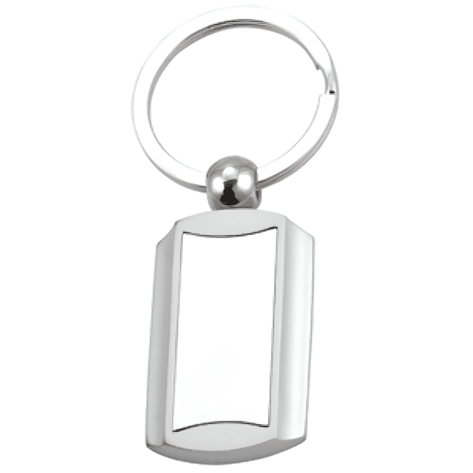 A silver metal keyring with a rectangular tag design. It features a branding logo on the tag.