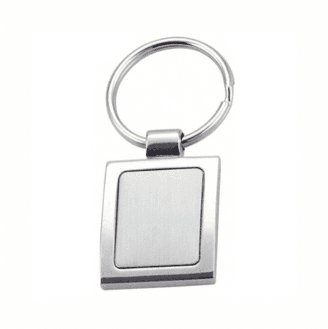 A keyring featuring a brushed silver rectangular pendant with a smooth surface for customisation.