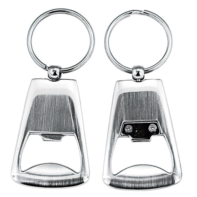 A keyring bottle opener in a sleek silver metallic finish with a simple design.
