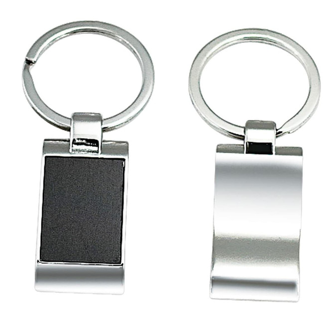 A keyring featuring a sleek silver design with a rectangular black panel on one side and a shiny silver surface on the other.