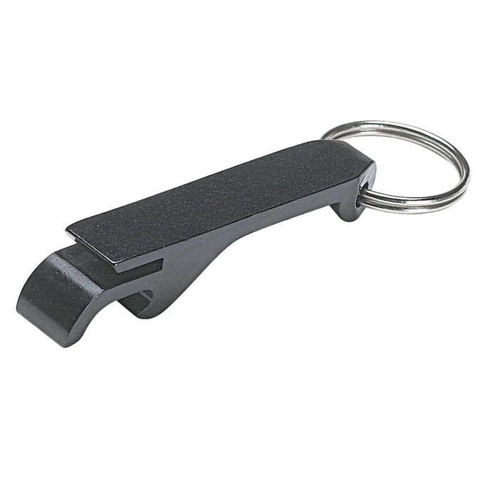 A black keychain tool with a bottle opener and a ring for attachment.