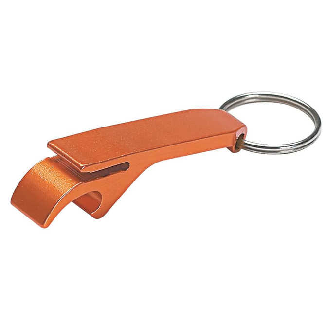 An orange keychain bottle opener with a keyring attachment, featuring a sleek, minimalist design.