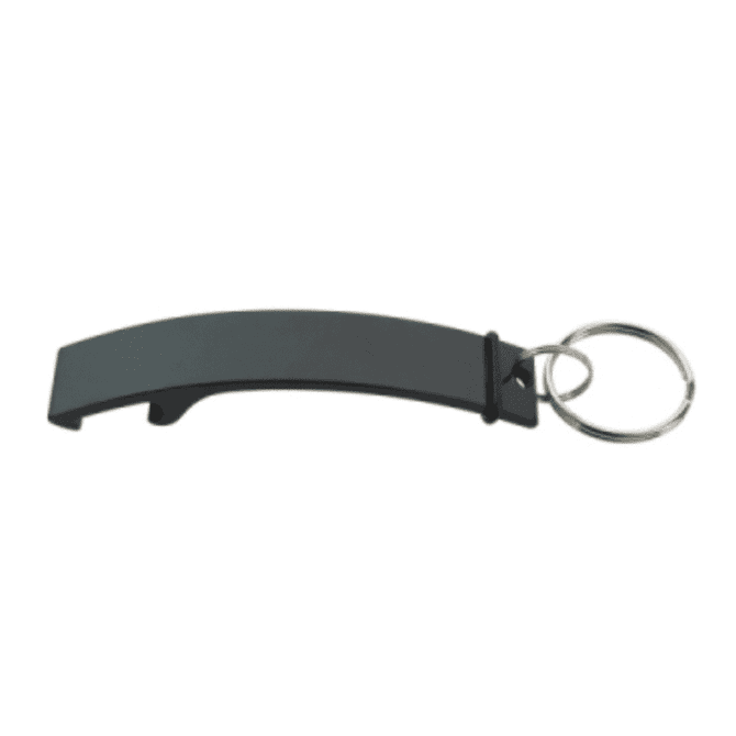 A black keyring bottle opener featuring a curved design and a metal ring for attachment.