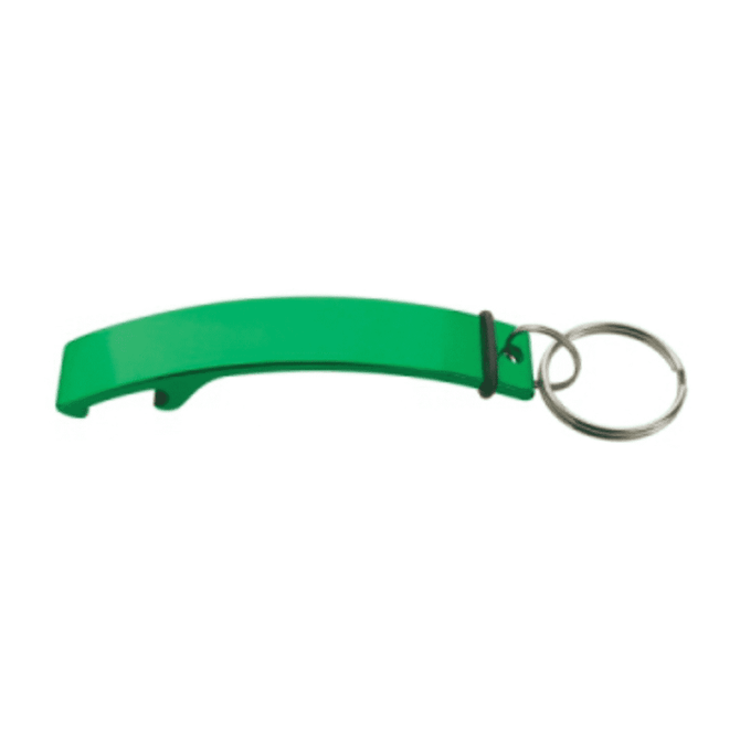 A green keychain bottle opener with a metal ring for attachment. Simple and practical design.