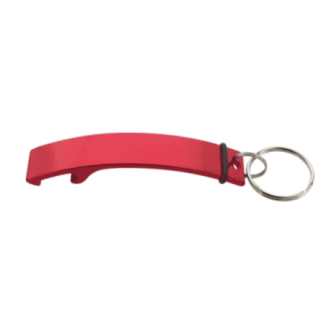 A red keychain bottle opener with a simplistic design and a metal ring.
